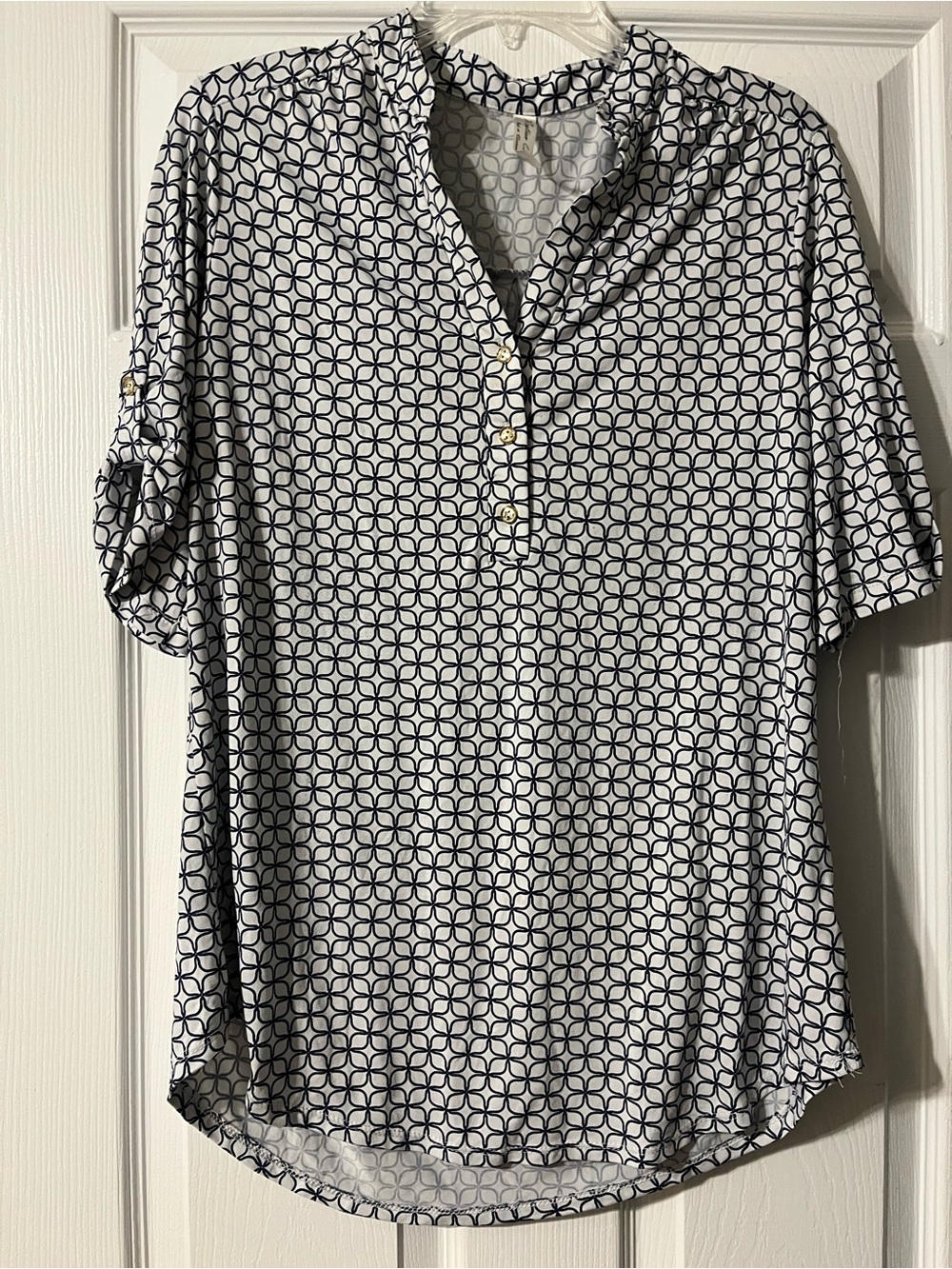 Women's Navy Geometric Button-Front Blouse large